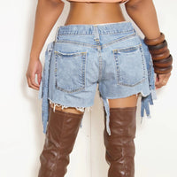 Washed High Waist Tassel Denim Shorts