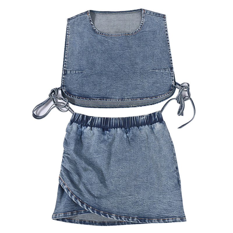 Elastic Sleeveless Tank Top Sexy Denim Mini Skirt Suit