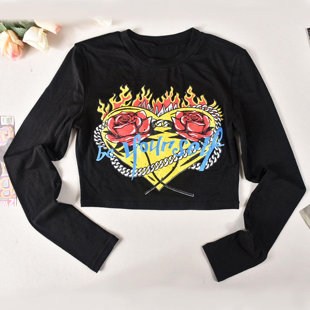 Long Sleeve Letter Rose Printed Crop T Shirt