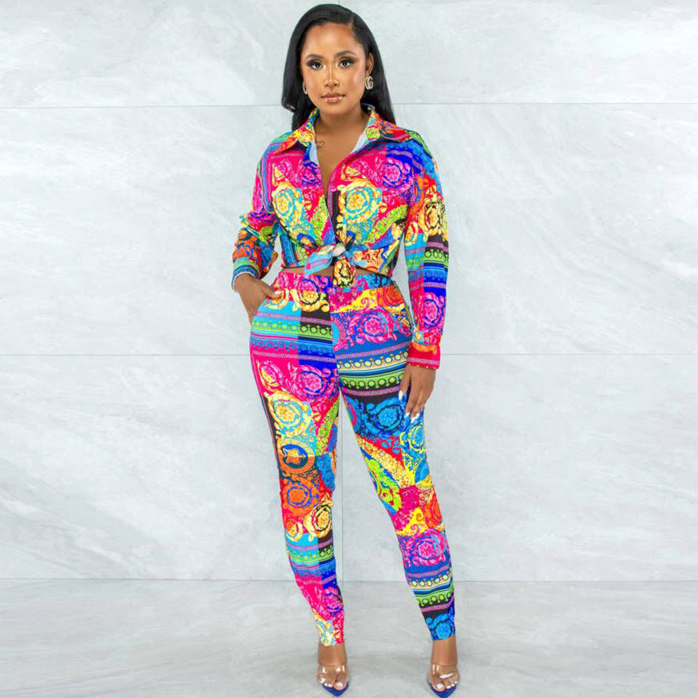 Long Sleeve Florarl Printed Shirt Pants Suit