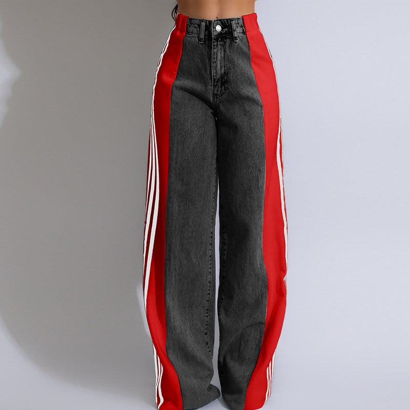 Three Stripe Stitching Wide Leg Denim Long Pants