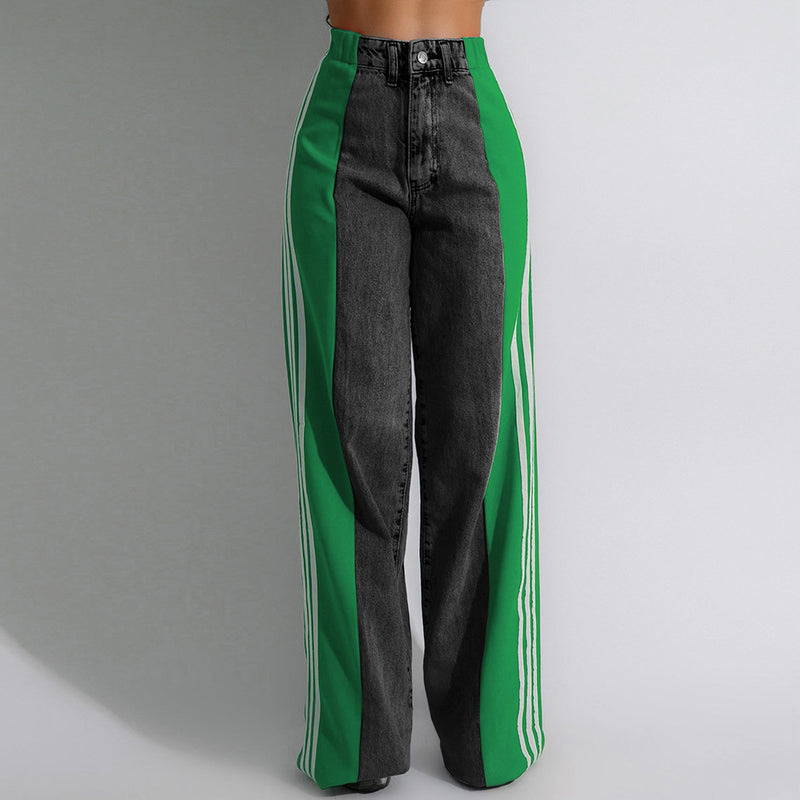 Three Stripe Stitching Wide Leg Denim Long Pants